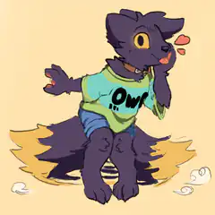 Purple furry character with 'Ow!' shirt