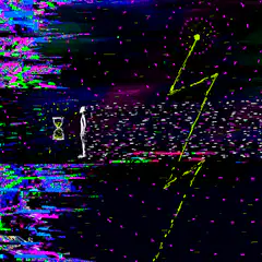 Glitchy figure with hourglass and lightning