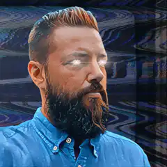 bearded man glowing eyes laser