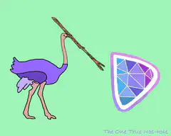Ostrich with stick hits shield