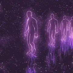 Glowing purple human silhouettes walking in space