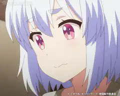 Anime girl with purple eyes smiles