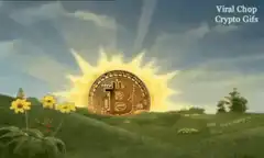 Bitcoin sun rising over green hills