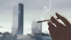 Hand holding a cigarette with smoke