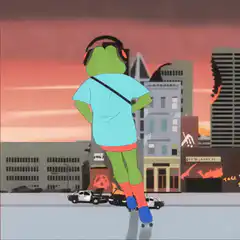 Pepe the Frog roller skating through apocalypse