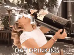 Woman chugging wine bottle day drinking