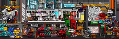Pixel art apartment building with monsters