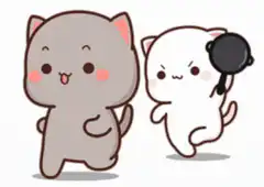 Two cute cats dancing with a frying pan