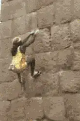 Woman climbing brick wall