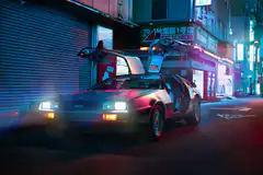 DeLorean in neon-lit Tokyo street
