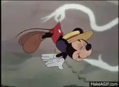 Mickey Mouse flying with a straw hat