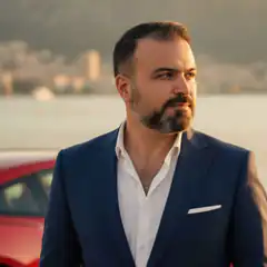 Man in suit by red car