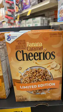 Banana Caramel Cheerios box on shelf