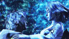 Cloud and Aerith embrace under starry sky