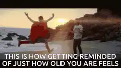 Man jumping into sunset with caption