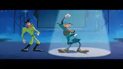 Goofy and Pete dancing on stage