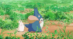 Totoro and Chibi Totoro walking in the woods