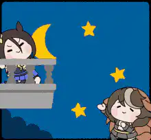 Two anime girls on a balcony at night