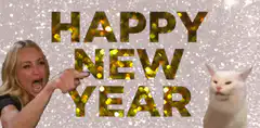 Happy New Year pointing woman and cat