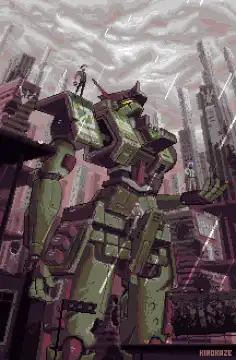 Giant green robot in rainy city