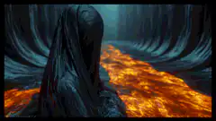Hooded figure in lava cave