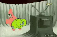 Patrick Star watching TV with thumbs up