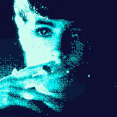 pixelated face dissolving into particles