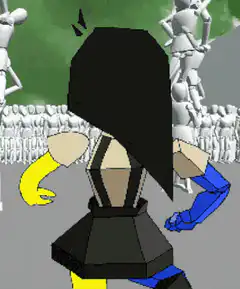 Blue and yellow character dancing