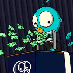 Blue bird character eating money at podium