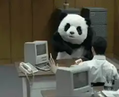 Panda mascot throws computer monitor