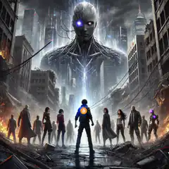 Bitcoin robot giant over ruined city