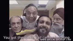 Call center workers laughing