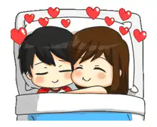 anime couple sleeping in bed with hearts