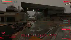 Cyberpunk 2077 first-person view with HUD