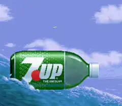 7UP bottle floating on pixelated waves