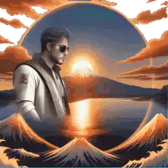 Man in sunglasses against sunset mountains