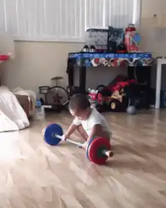 Toddler lifts barbell and celebrates