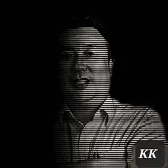 KK logo on striped man