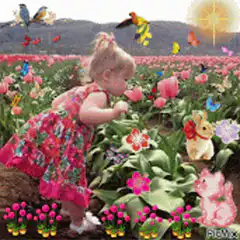 Toddler in flower field with animated animals