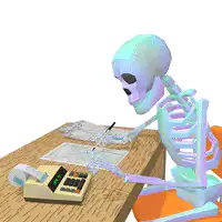 Skeleton doing taxes at desk