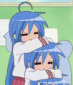 blue-haired anime girls hugging