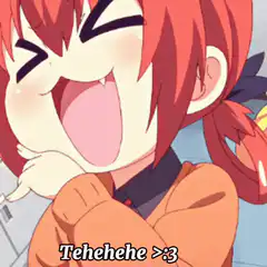 Red-haired anime girl laughing mischievously