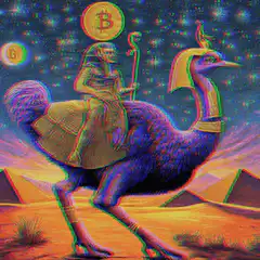 Egyptian god riding a giant ostrich with bitcoin moons