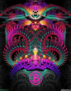 Psychedelic fractal Buddha meditating with Bitcoin