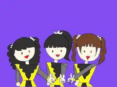 Three girls waving in yellow and black outfits