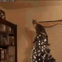 cat jumps off christmas tree