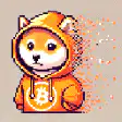 Pixel art Shiba Inu in orange hoodie with Bitcoin logo