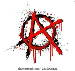 Red anarchy symbol with black splatter