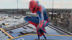 Spider-Man crouching on rooftop