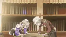 Anime girl and boy in library